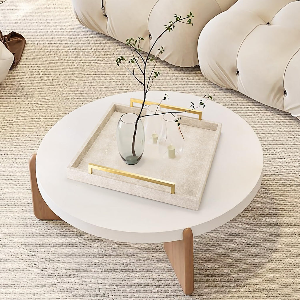 Large Ottoman Tray for Coffee Table,Square Shagreen Leather Decorative Tray with Gold Handles for Living Room Decor