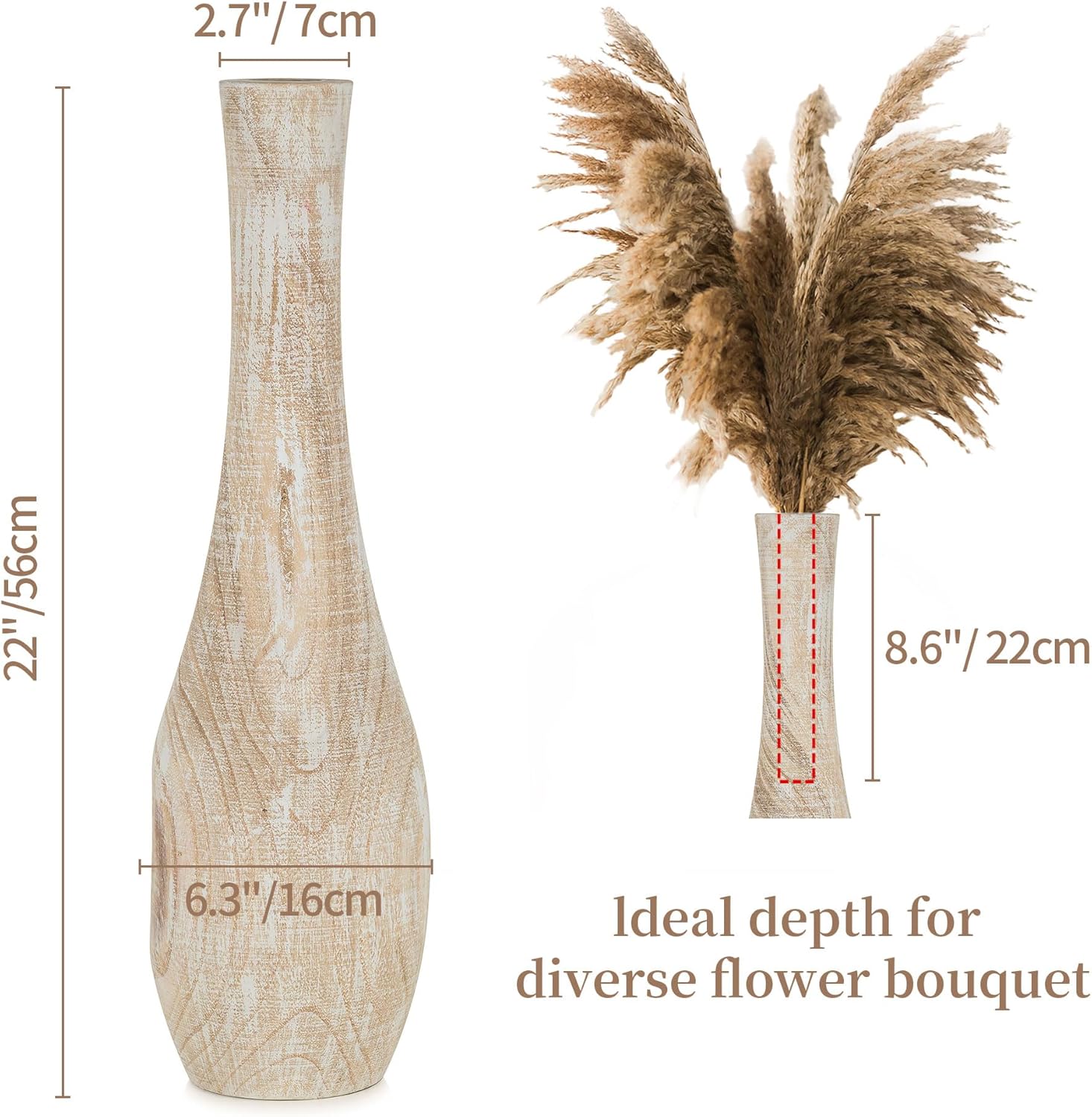 Hanobe Floor Vase Home Decor: 22 inch Tall Decorative Wood Vases for Living Room Large Rustic Farmhouse Boho Vase for Dining Table Centerpieces Bedroom Corner Hallway Indoor Office