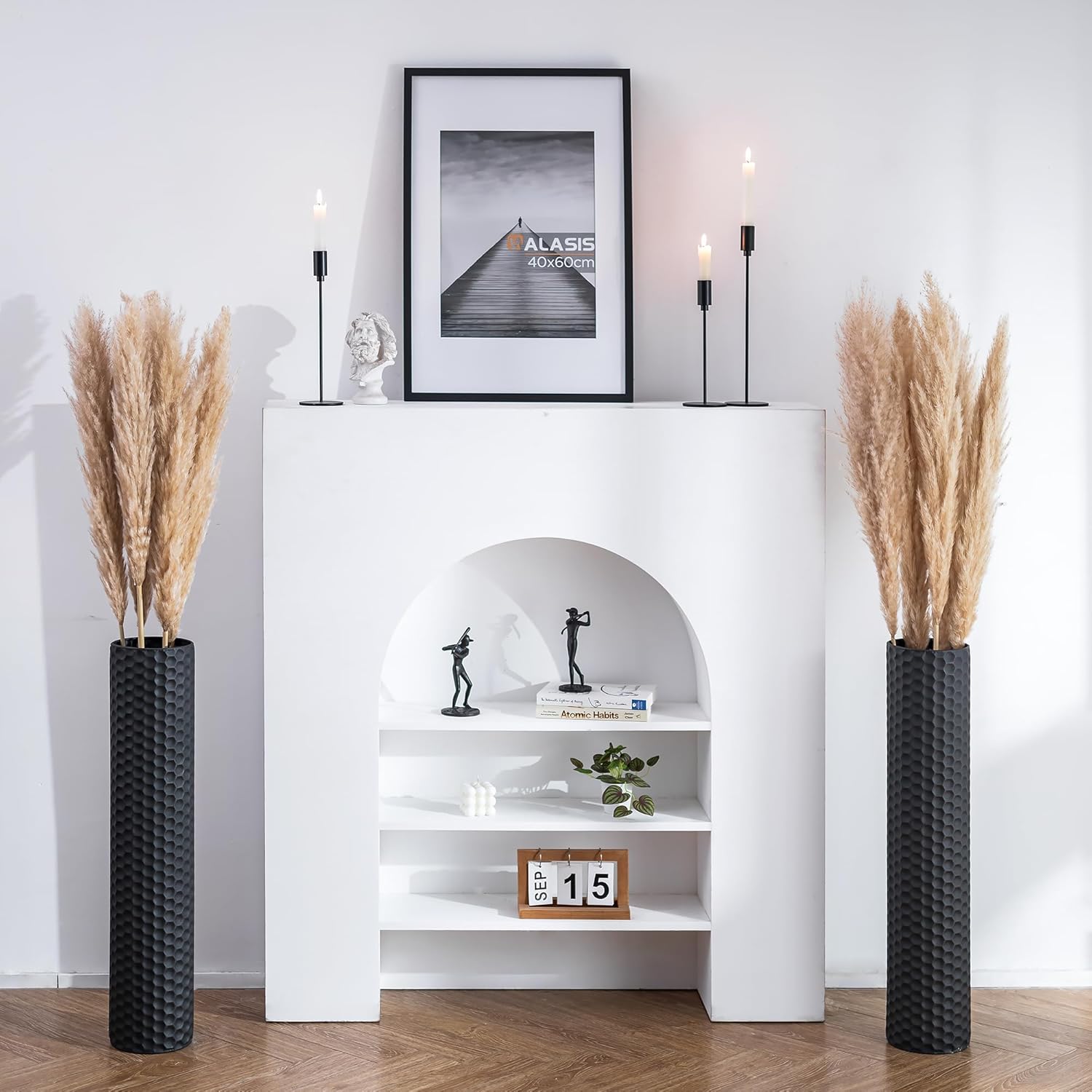 Sziqiqi Black Tall Floor Vase: 27.6in Metal Modern Cylinder Floor Vases for Fireplace with Honeycomb Texture - Set of 2 Large Decorative Vase Home Decor for Living Room Bedroom Home Corner Indoor