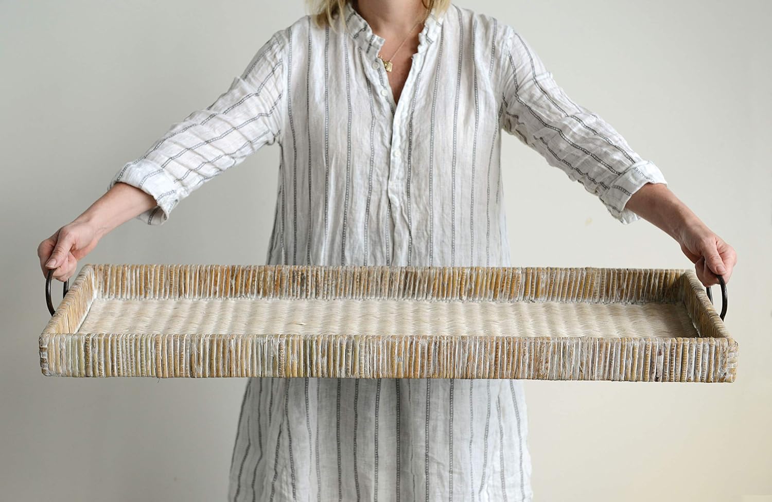 Creative Co-Op Oversize Decorative Rattan Tray with Metal Handles, Tan, Whitewashed