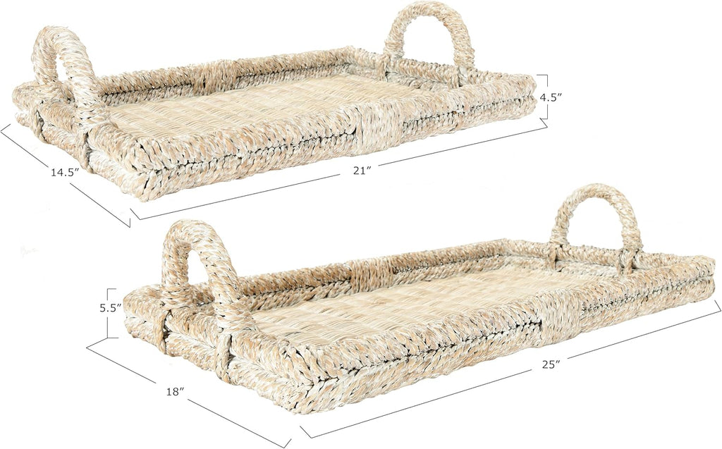 Creative Co-Op Decorative Rattan Trays with Handles & Whitewashed Finish (Set of 2 Sizes)