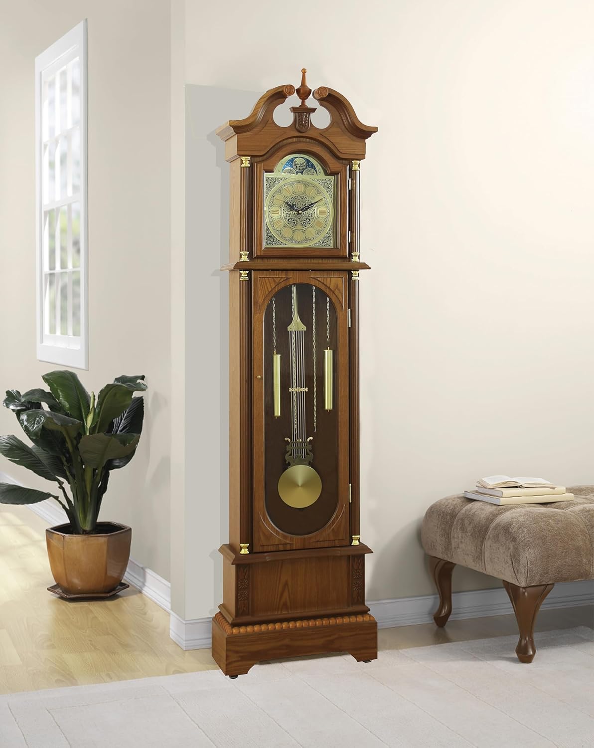 Traditional Floor Standing Oak Grandfather Clock, 72-inch, Westminster Chime, Metal Lyre Pendulum, Roman Numerals, Battery Powered, 71.6" H x 19.2" W x 8.6" D