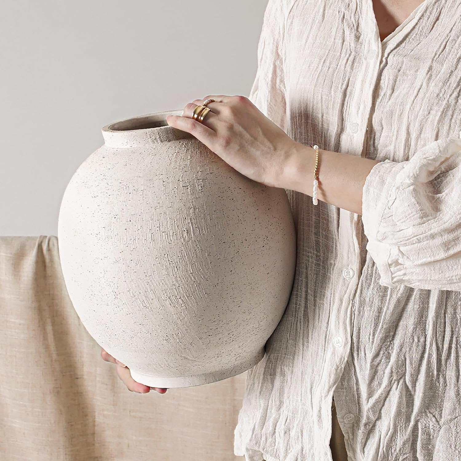 White Ceramic Vase - Large 12.5 Inch Round Floor Vase for Centerpieces, Farmhouse Rustic Minimalist Home Decor (Sandstone White)