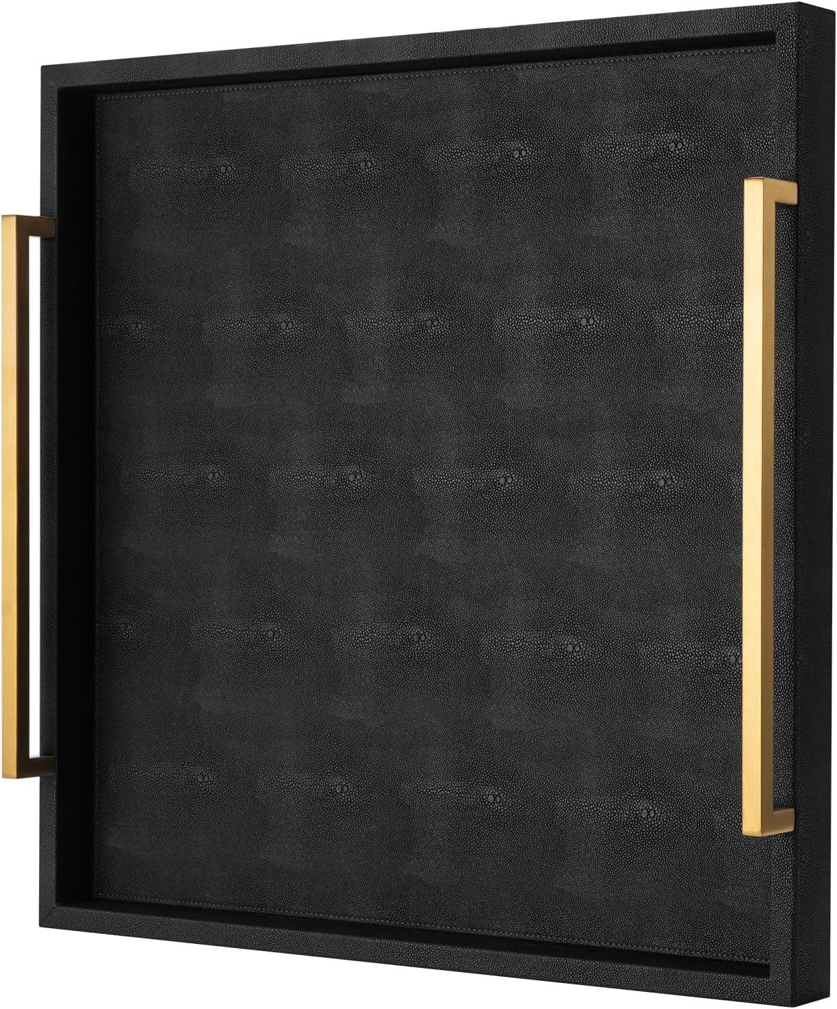 Large Ottoman Tray for Coffee Table,Square Shagreen Leather Decorative Tray with Gold Handles for Living Room Decor