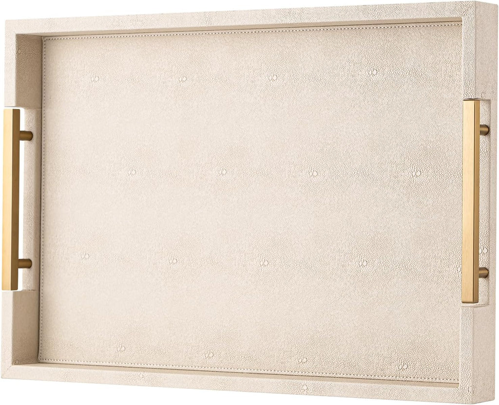 Champagne Faux Leather Serving Tray with Handles,20x20inches, Large Decorative Tray for Ottoman Coffee Table Decor Living Room, Kitchen, Bathroom