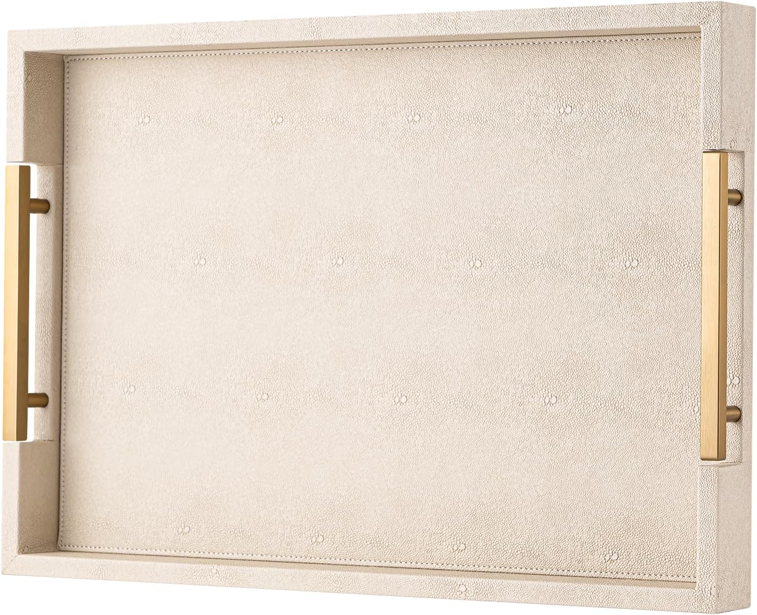 Champagne Faux Leather Serving Tray with Handles,20x20inches, Large Decorative Tray for Ottoman Coffee Table Decor Living Room, Kitchen, Bathroom