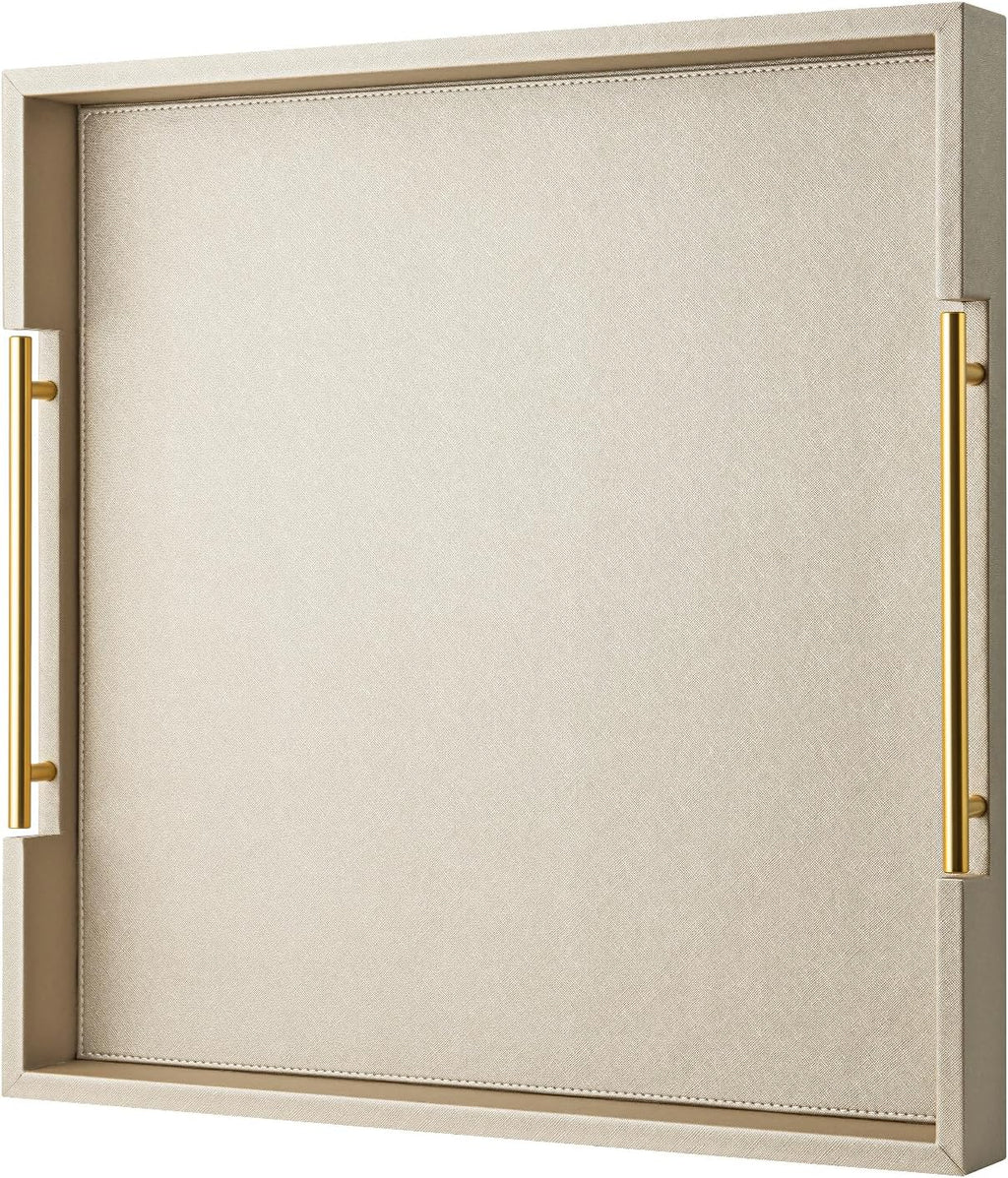 Champagne Faux Leather Serving Tray with Handles,20x20inches, Large Decorative Tray for Ottoman Coffee Table Decor Living Room, Kitchen, Bathroom