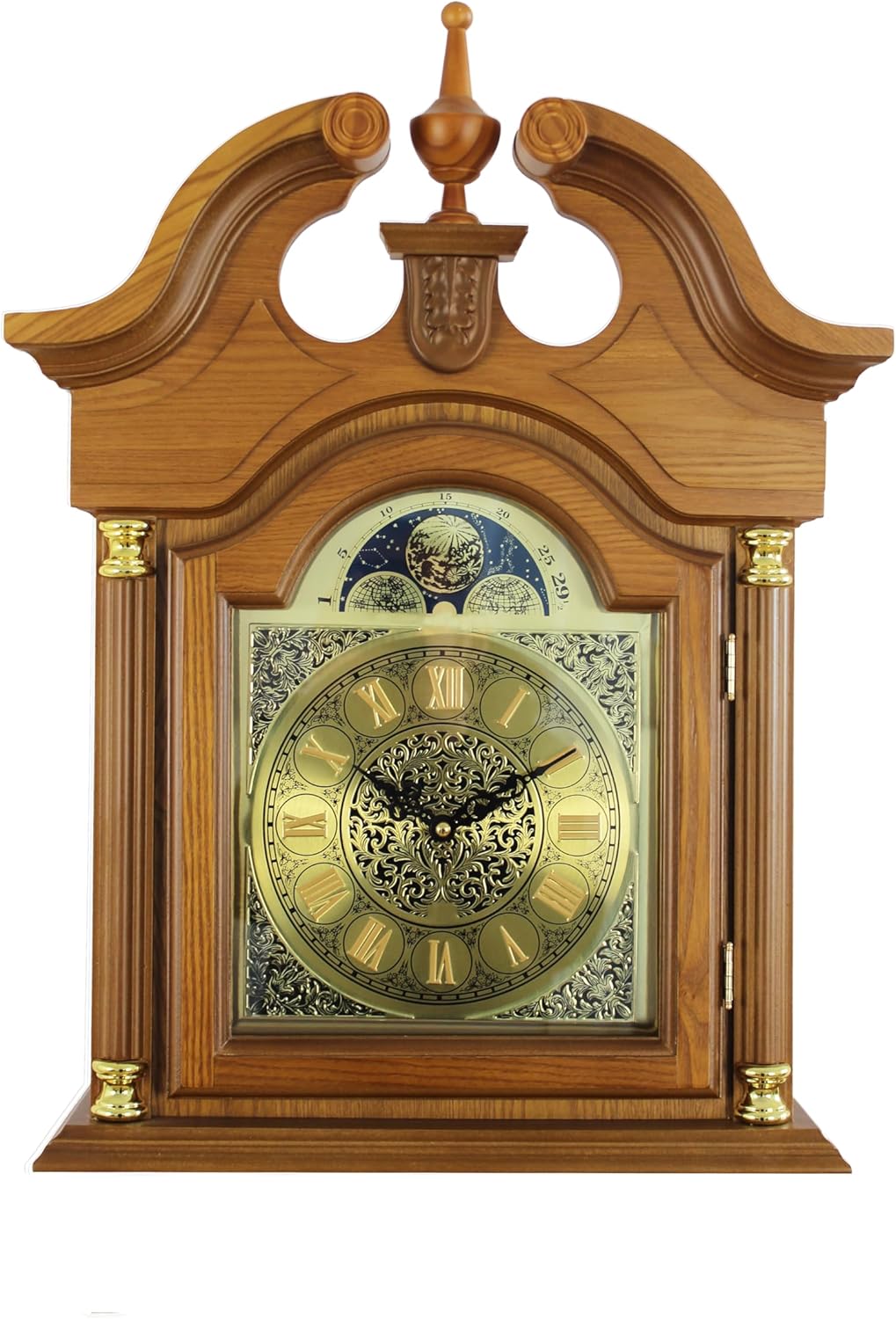 Traditional Floor Standing Oak Grandfather Clock, 72-inch, Westminster Chime, Metal Lyre Pendulum, Roman Numerals, Battery Powered, 71.6" H x 19.2" W x 8.6" D