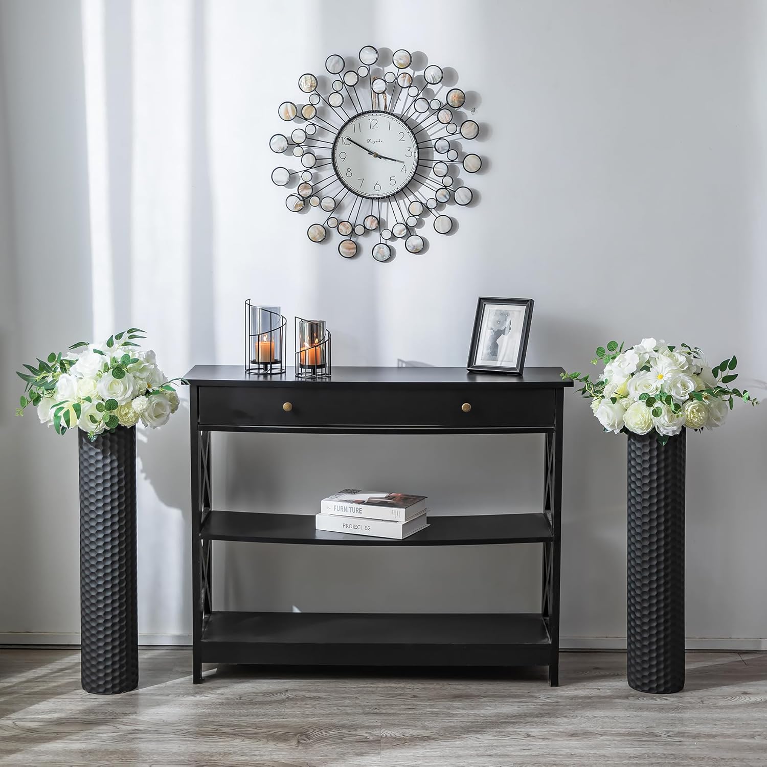 Sziqiqi Black Tall Floor Vase: 27.6in Metal Modern Cylinder Floor Vases for Fireplace with Honeycomb Texture - Set of 2 Large Decorative Vase Home Decor for Living Room Bedroom Home Corner Indoor