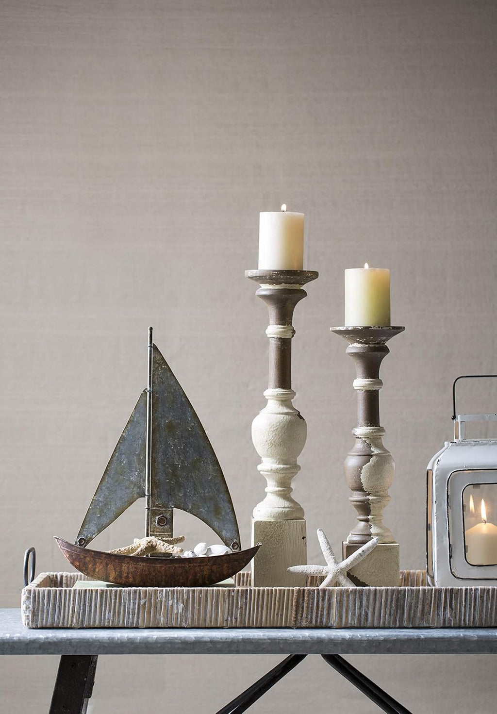 Creative Co-Op Oversize Decorative Rattan Tray with Metal Handles, Tan, Whitewashed