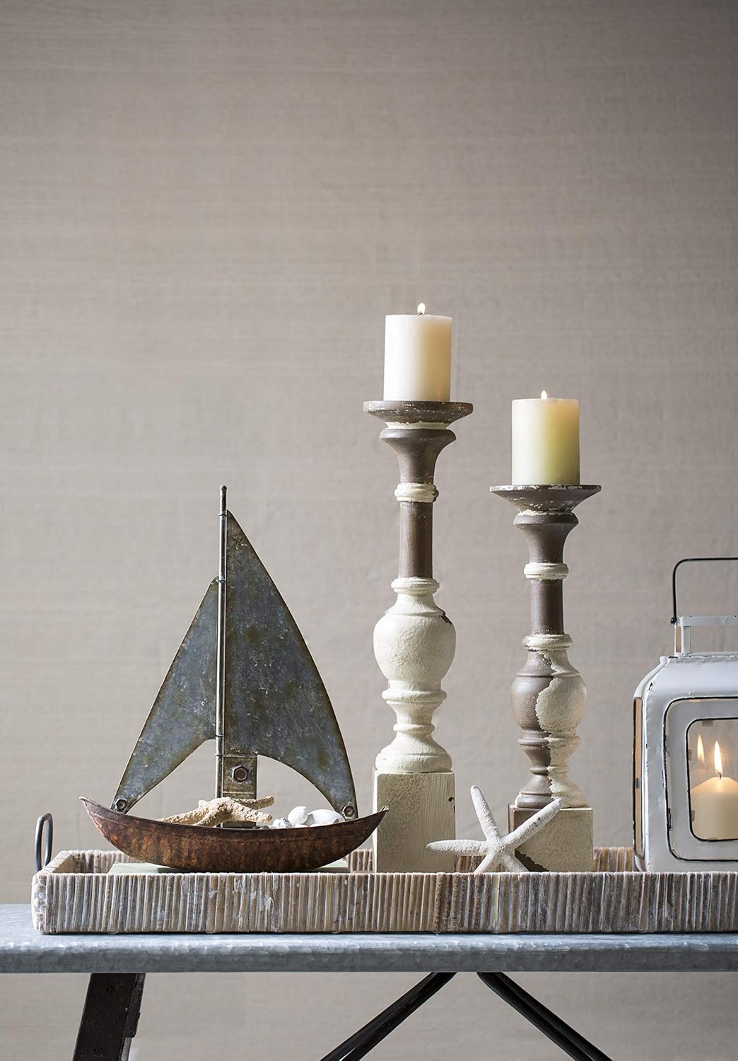 Creative Co-Op Oversize Decorative Rattan Tray with Metal Handles, Tan, Whitewashed