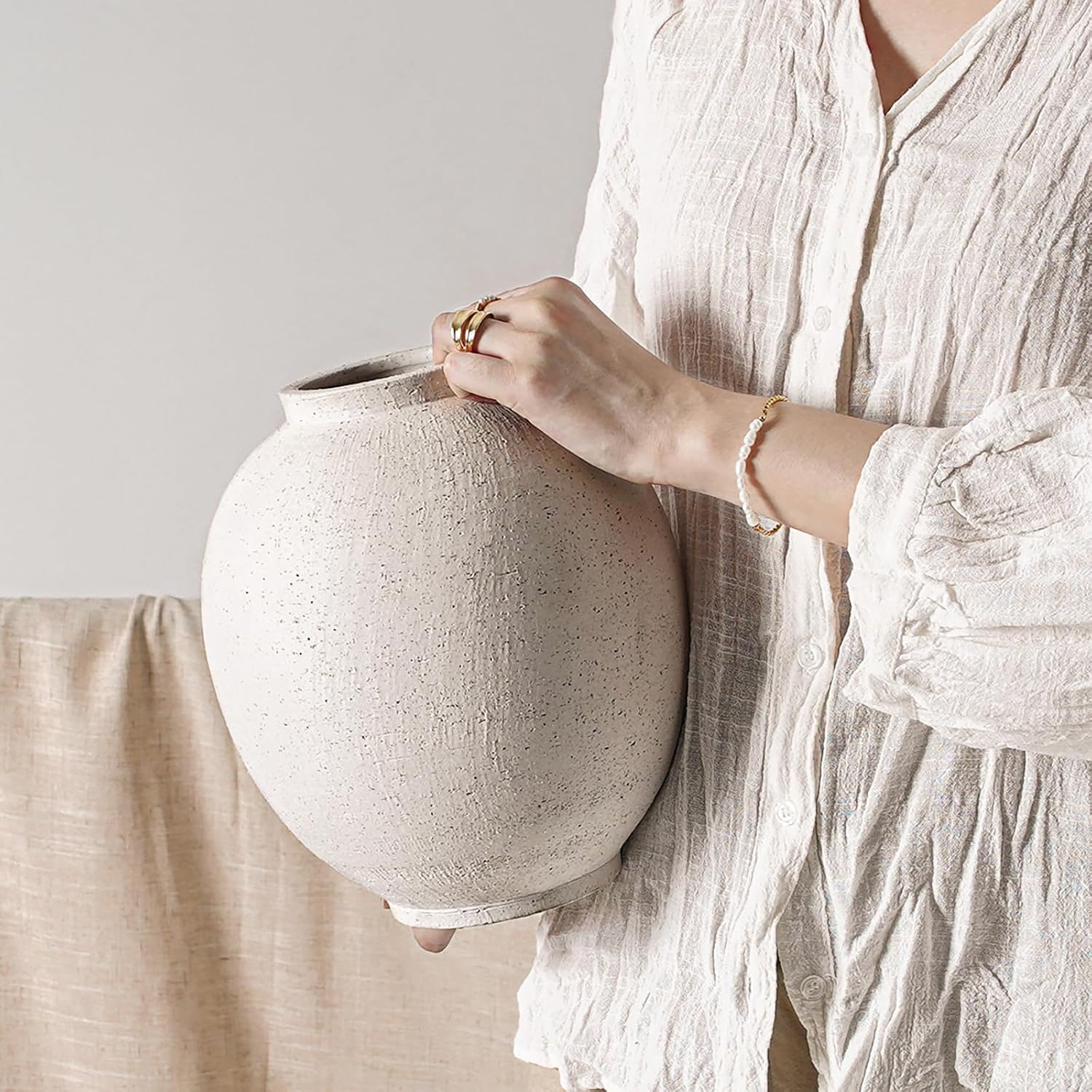 White Ceramic Vase - Large 12.5 Inch Round Floor Vase for Centerpieces, Farmhouse Rustic Minimalist Home Decor (Sandstone White)