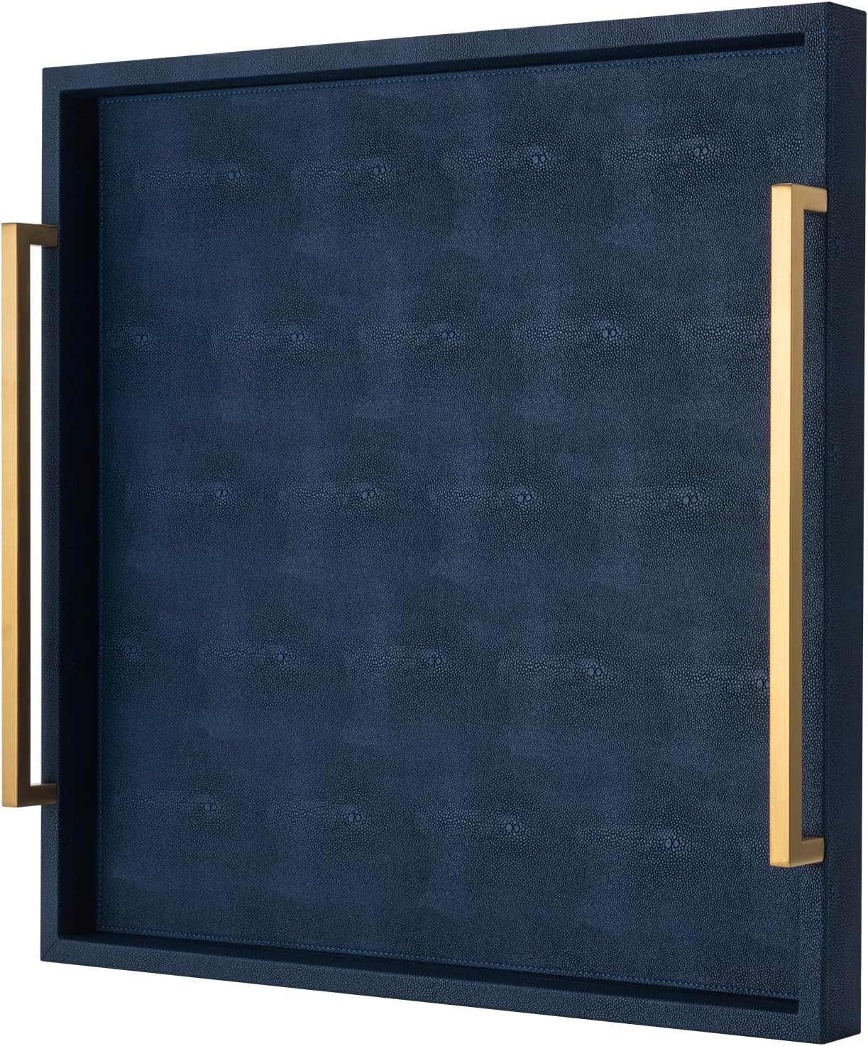 Large Ottoman Tray for Coffee Table,Square Shagreen Leather Decorative Tray with Gold Handles for Living Room Decor