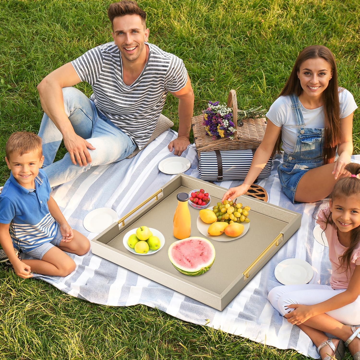 Champagne Faux Leather Serving Tray with Handles,20x20inches, Large Decorative Tray for Ottoman Coffee Table Decor Living Room, Kitchen, Bathroom