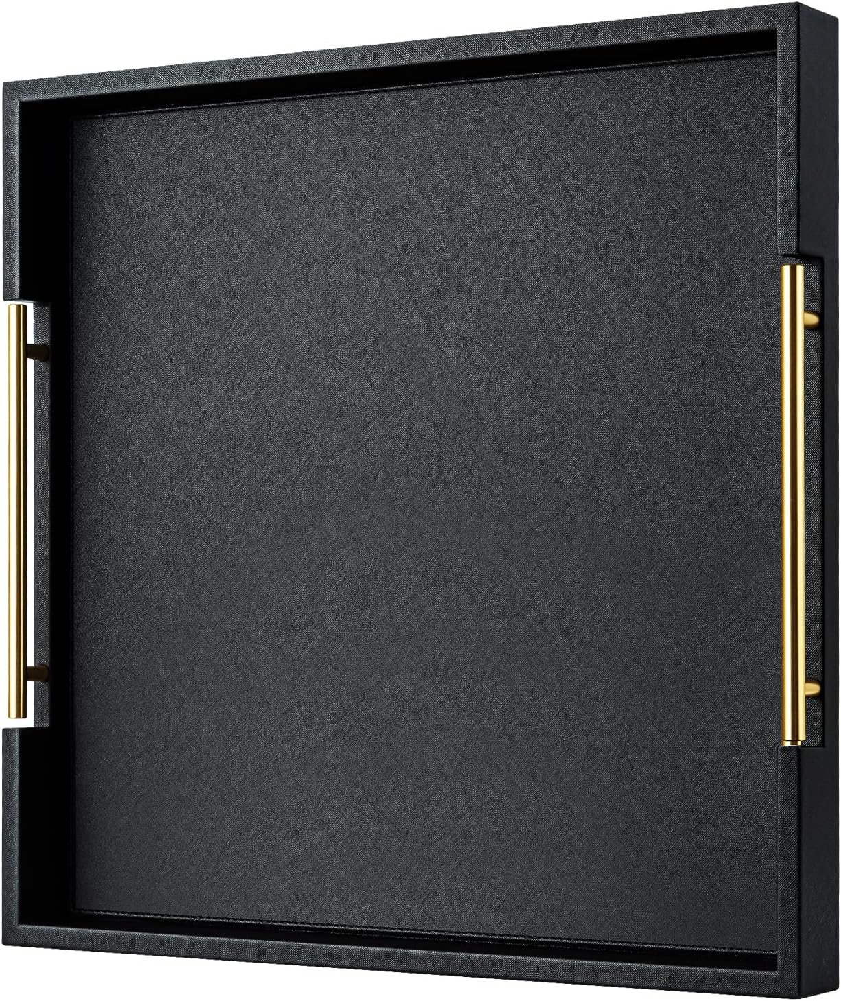 Champagne Faux Leather Serving Tray with Handles,20x20inches, Large Decorative Tray for Ottoman Coffee Table Decor Living Room, Kitchen, Bathroom