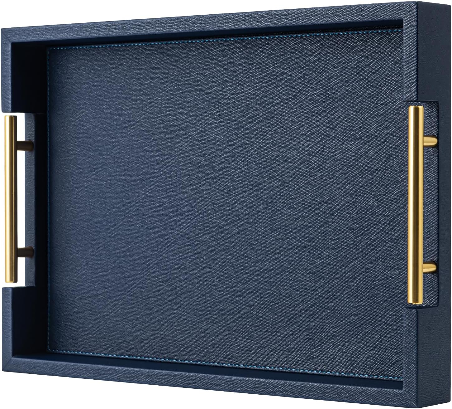 Champagne Faux Leather Serving Tray with Handles,20x20inches, Large Decorative Tray for Ottoman Coffee Table Decor Living Room, Kitchen, Bathroom