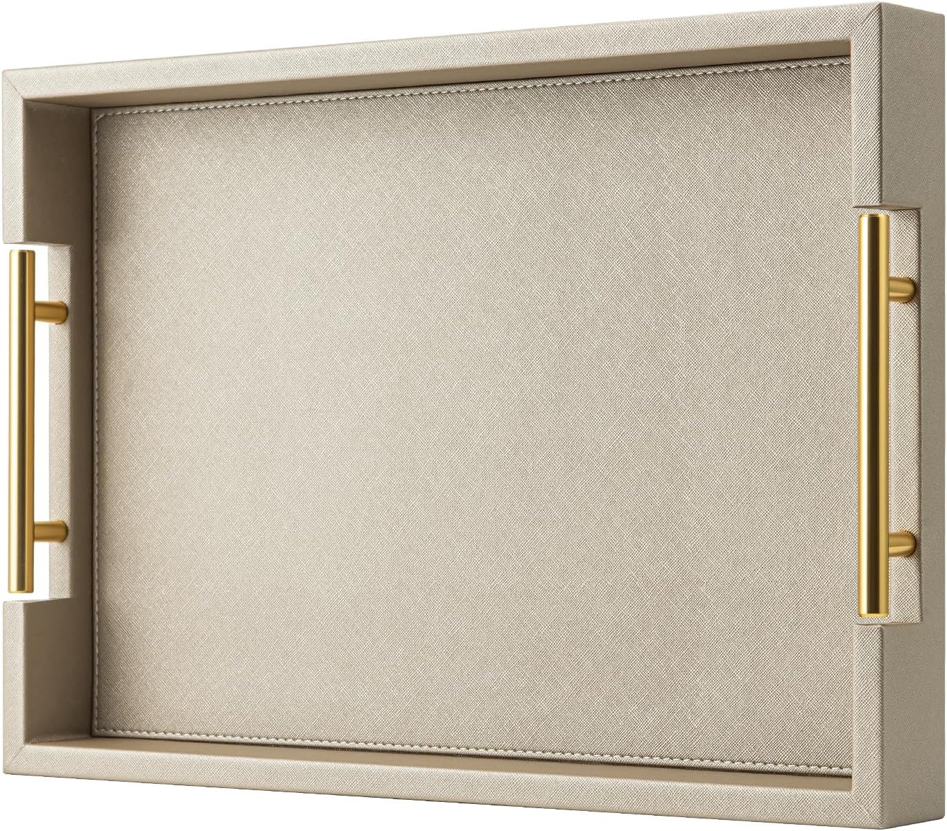 Champagne Faux Leather Serving Tray with Handles,20x20inches, Large Decorative Tray for Ottoman Coffee Table Decor Living Room, Kitchen, Bathroom