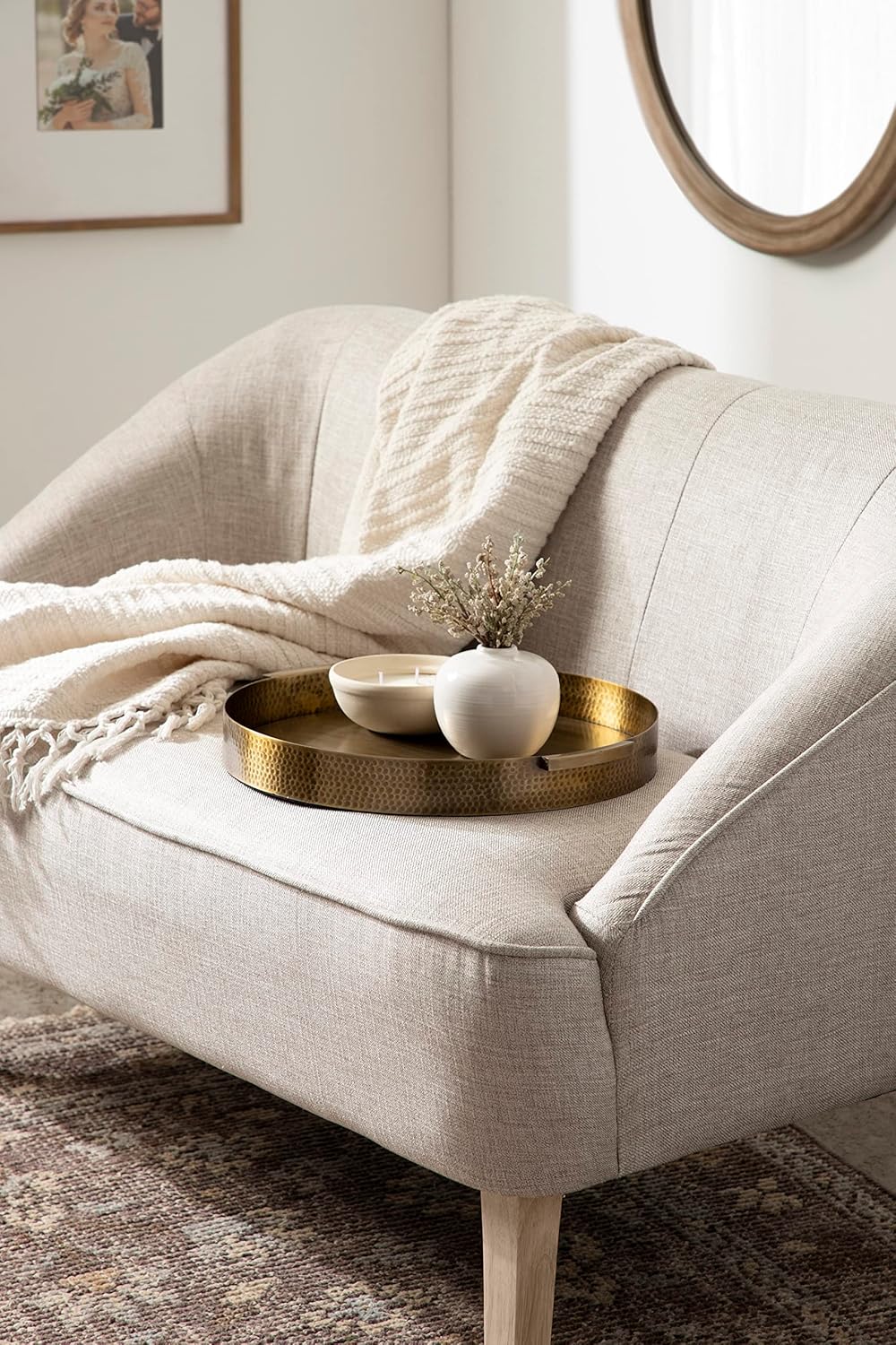 Kate and Laurel Samana Modern Glam Round Metal Tray; 17 Inch Diameter; Antique Brass; Circular Polished Decorative Tray with Hammered Surface and Minimalist Handles