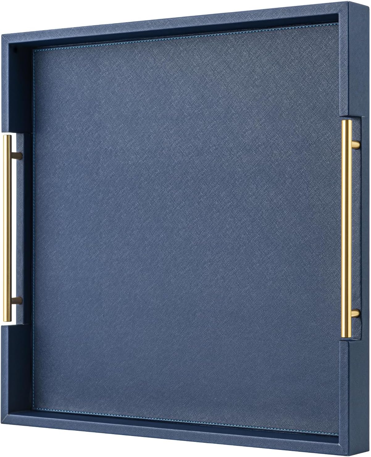 Champagne Faux Leather Serving Tray with Handles,20x20inches, Large Decorative Tray for Ottoman Coffee Table Decor Living Room, Kitchen, Bathroom